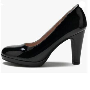 MISS LEFT Black Low Platform High Chunky Heels Slip On Closed Round Toe Shoes